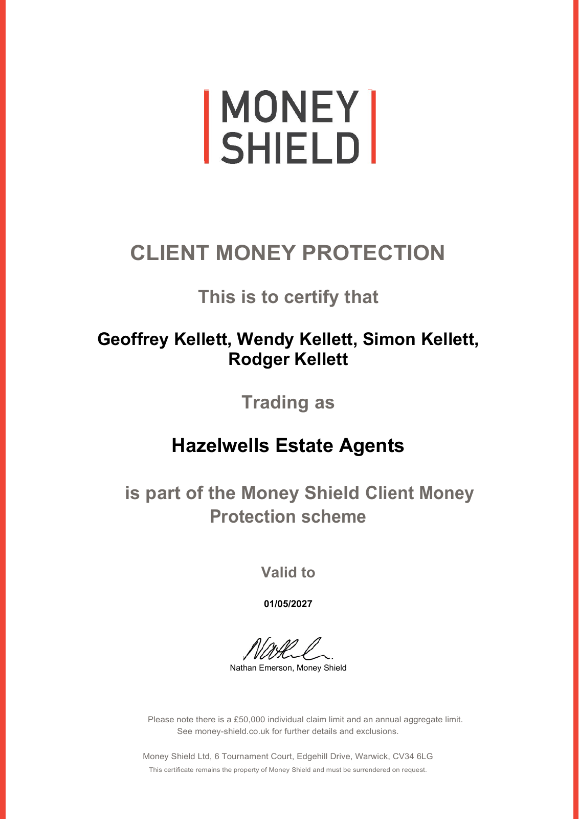 Hazelwells Money Shield Client Money Protection certificate