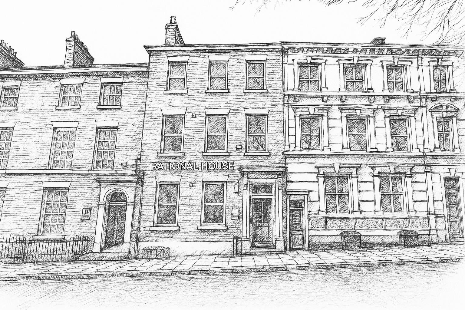 Line drawing of Rational House on Winckley Square, Preston